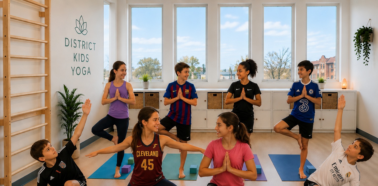 Kids ages 9 to 14 practicing yoga at District Kids Yoga