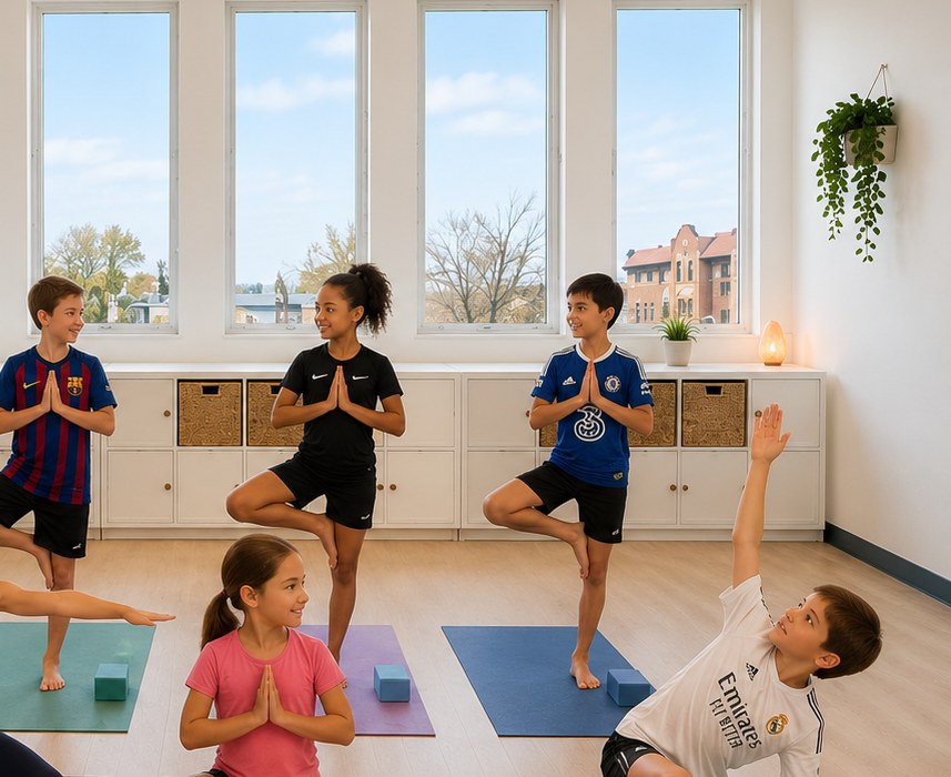 Students in soccer jerseys practicing yoga