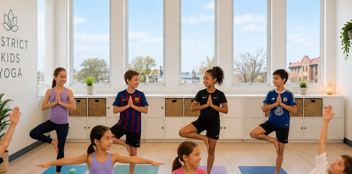 District Kids Yoga students practicing together