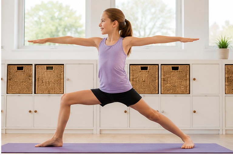 Student practicing warrior pose