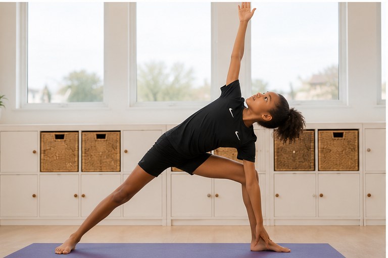 Student practicing triangle pose